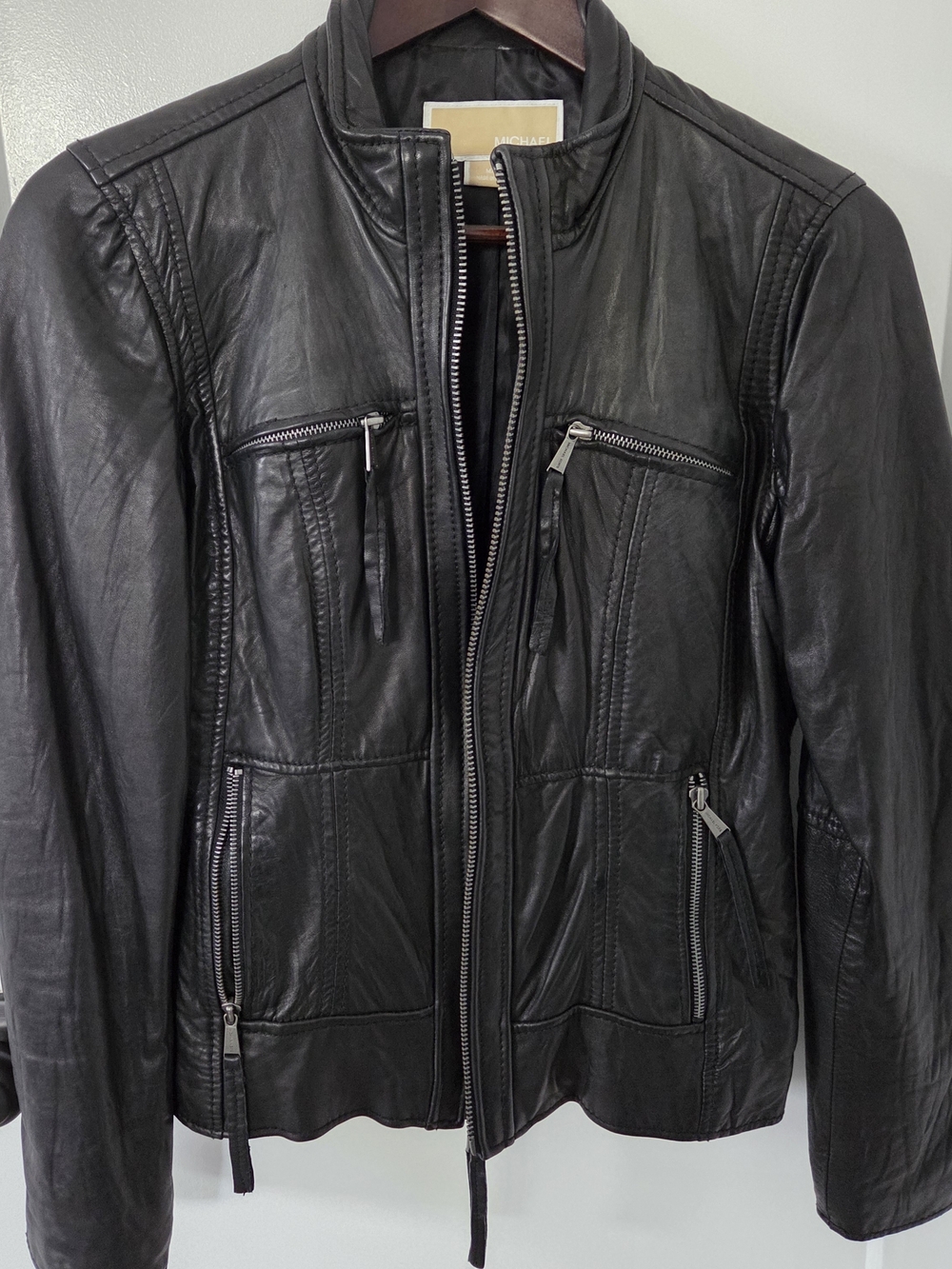 Michael Kors Women’s Black Leather Zip-Front Jacket